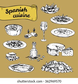 hand drawn vector illustration, a set of traditional Spanish cuisine. graphic sketch of different dishes. seafood, wine, dessert. Mediterranean cuisine