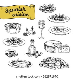 hand drawn vector illustration, a set of traditional Spanish cuisine. graphic sketch of different dishes. seafood, wine, dessert. Mediterranean cuisine