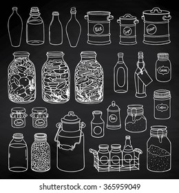 Hand drawn vector illustration set of different shape jars and bottle. Black and white sketch of canning on blackboard