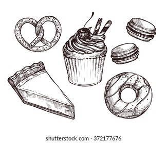  Hand drawn vector illustration - Set with sweet and dessert (croissant, cupcakes, pretzels, donut, cake, cheesecake, macaroon).