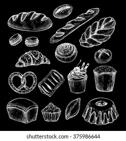 Hand drawn vector illustration - Set with sweet and dessert (croissant, cupcakes, pretzels, donut, cake, cheesecake, macaroon, baguette, bread, pie).