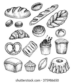 Hand drawn vector illustration - Set with sweet and dessert (croissant, cupcakes, pretzels, donut, cheesecake, macaroon, baguette, bread, pie).