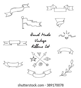 Hand drawn vector illustration - set of vintage flag, ribbons and other elements.