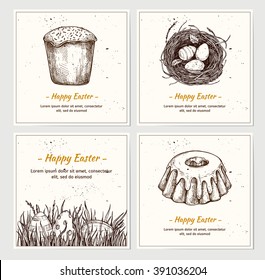 Hand drawn vector illustration - set of Happy Easter! Greeting cards with pictures in sketch style. Eggs on grass, cake, nest 
