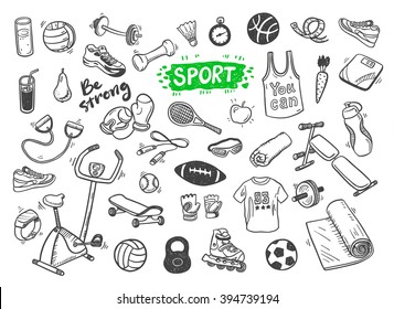 Hand drawn vector illustration set of fitness and sport sign and symbol doodles elements. 