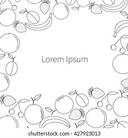 Hand drawn vector illustration, a set of fruits. Banana, apple, strawberries, plum, orange and cherry. Sketch, vector illustration