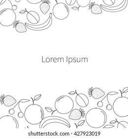 Hand drawn vector illustration, a set of fruits. Banana, apple, strawberries, plum, orange and cherry. Sketch, vector illustration