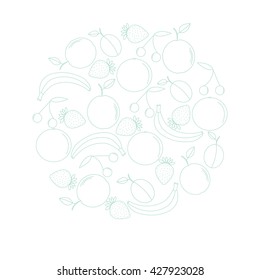 Hand drawn vector illustration, a set of fruits. Banana, apple, strawberries, plum, orange and cherry. Sketch, vector illustration