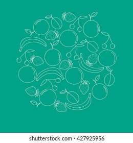Hand drawn vector illustration, a set of fruits. Banana, apple, strawberries, plum, orange and cherry. Sketch, vector illustration