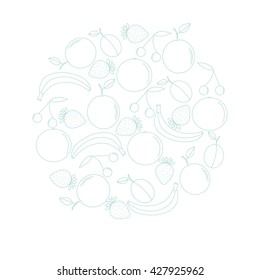 Hand drawn vector illustration, a set of fruits. Banana, apple, strawberries, plum, orange and cherry. Sketch, vector illustration