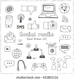 Hand drawn vector illustration set of social media sign and symbol doodles elements. Isolated vector illustration