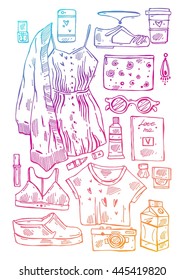 Hand drawn vector illustration set of Woman clothes and accessories isolated.Collection of woman things.