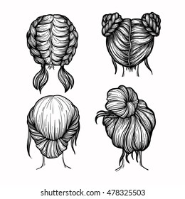 Hand drawn vector illustration - set of ladies fashion hairstyle. Beauty salon.