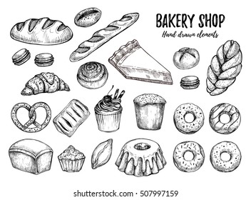 Hand drawn vector illustration - Set with sweet and dessert (croissant, cupcakes, pretzels, donut, cheesecake, macaroon, baguette, bread, pie). Design elements in sketch style.