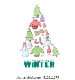 Hand drawn vector illustration set of winter elements. Isolated on white background.
