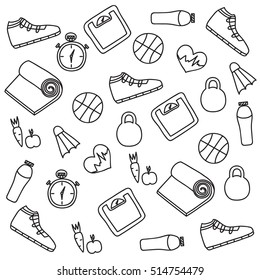 Hand drawn vector illustration set of fitness and sport doodles sign .