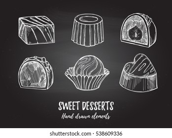 Hand drawn vector illustration - set of chocolate candies with white and nuts. Design elements in sketch style for valentine's day. Perfect for menu, cards, blogs, banners, flyers 