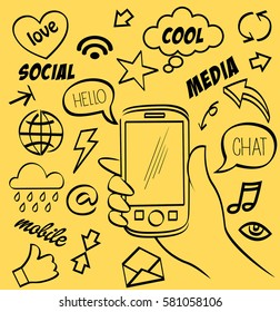 Hand drawn vector illustration set of social media sign and symbol