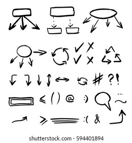 Hand drawn vector illustration set isolated on white background. Arrows, math symbols, numbers, speech bubbles, correction and highlight elements.