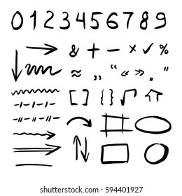 Hand drawn vector illustration set isolated on white background. Arrows, math symbols, numbers, speech bubbles, correction and highlight elements.