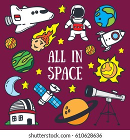 Hand drawn vector illustration set of space and alien icon