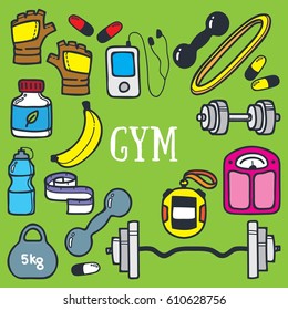 Hand drawn vector illustration set of fitness and sport icon. Sport theme doodle icon