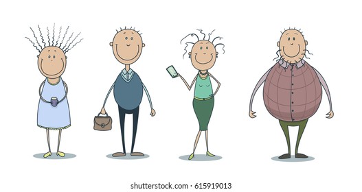Hand drawn vector illustration set of a funny cute smiling people