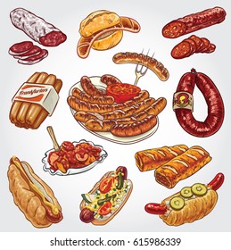 Hand drawn vector illustration of a set of sausage products.