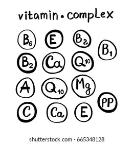 Hand drawn vector illustration set of symbol doodles elements. Ink drawing. Different vitamins icons.