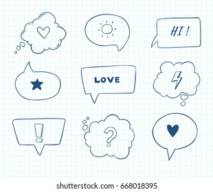 Hand drawn vector illustration. Set of speech bubbles and others doodles. Design elements in sketch style. Perfect for business graphics, cards, blogs, prints and more.