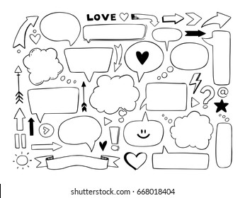 Hand drawn vector illustration. Set of speech bubbles and others doodles. Design elements in sketch style. Perfect for business graphics, cards, blogs, prints and more.