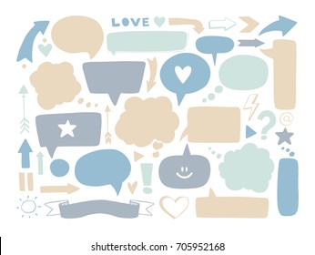 Hand drawn vector illustration. Set of speech bubbles and others doodles. Design elements in sketch style. Perfect for business graphics, cards, blogs, prints and more.