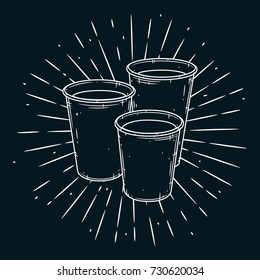 Hand drawn vector illustration with set of paper coffee cup and divergent rays. Used for poster, banner, web, t-shirt print, bag print, badges, flyer, logo design and more. 