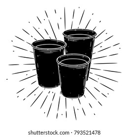 Hand drawn vector illustration with set of paper coffee cup and divergent rays. Used for poster, banner, web, t-shirt print, bag print, badges, flyer, logo design and more. 
