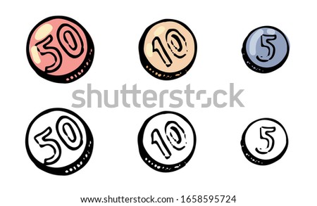 Hand drawn vector illustration. Set of contour and color drawings isolated on white. Three coins, small money. Doodles element for design, card, print, poster, sticker. Vintage sketch, realistic style