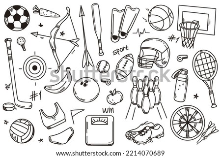 Hand drawn vector illustration set of sport doodle icons. Sports equipment and accessories with balls, racquet,helmet, flippers, scales, shoes, swimwear and healthy food. Collection of design elements