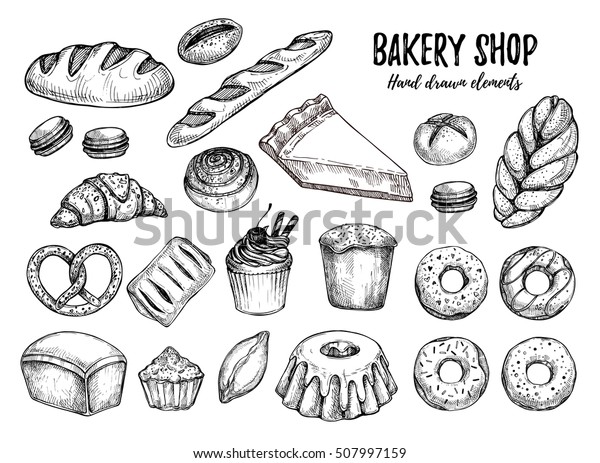 Hand drawn vector\
illustration - Set with sweet and dessert (croissant, cupcakes,\
pretzels, donut, cheesecake, macaroon, baguette, bread, pie).\
Design elements in sketch\
style.