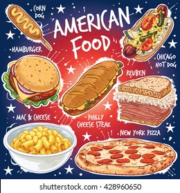 Hand drawn vector illustration of seven popular American Food varieties, including Corn Dog, Chicago Hot Dog, Hamburger, Philadelphia Cheese Steak, Reuben Sandwich, Mac and Cheese, New York Pizza. 