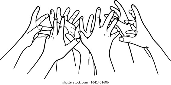 Hand drawn vector illustration of several human hands reaches out in the air trying to get something.