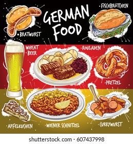 Hand Drawn Vector Illustration Of Several German Cuisine Varieties, Including Roulade, Fish Fillet Sandwich, Bratwurst Sandwich, Pretzel, Schnitzel, Curry Wurst, Apple Pie And Wheat Beer.