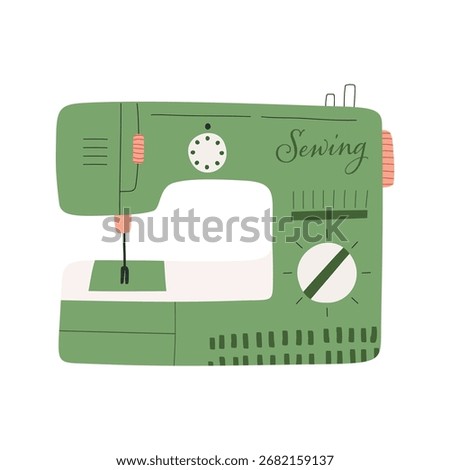 Hand drawn vector illustration of a sewing machine in cartoon flat style. Perfect for crafting, sewing, tailoring, fashion, textile, hobby, and professional studio projects.