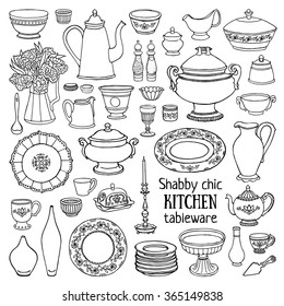 Hand drawn vector illustration shabby-chic kitchen set. Black and white sketch of dishes isolated on white background