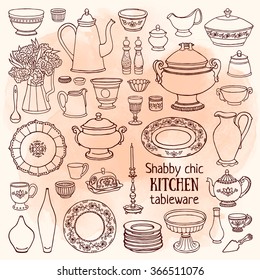 Hand drawn vector illustration shabby-chic kitchen set. Watercolor sketch of dishes vintage style