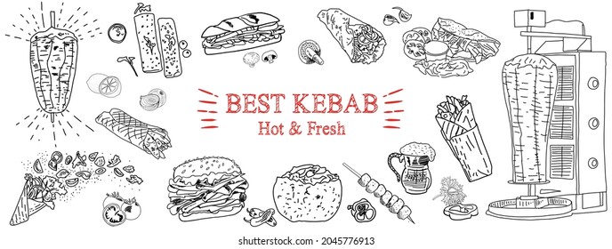 Hand drawn vector illustration. Shawarma cooking and ingredients for kebab. Doner kebab hand drawn. Fast food menu design elements. Restaurant cafe menu, template design. Food flyer. Vector.