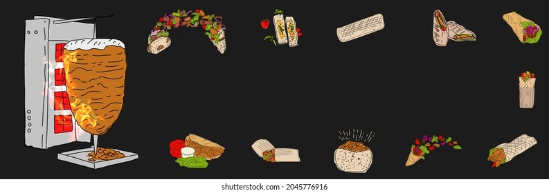 Hand drawn vector illustration. Shawarma cooking and ingredients for kebab. Doner kebab hand drawn. Fast food menu design elements. Restaurant cafe menu, template design. Food flyer. Vector.