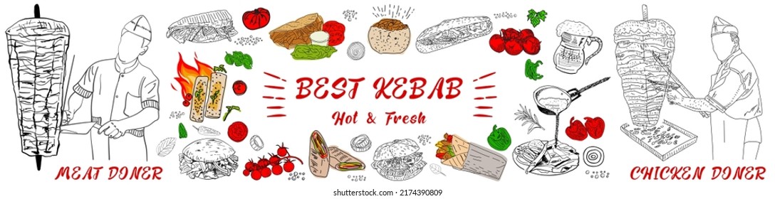 Hand drawn vector illustration. Shawarma cooking and ingredients for kebab. Doner kebab hand drawn. Fast food menu design elements. Restaurant cafe menu, template design. Vector.