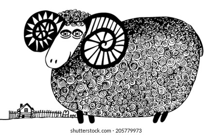Hand drawn vector illustration with sheep