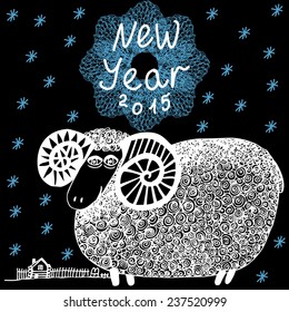 Hand drawn vector illustration with sheep. New year background. 