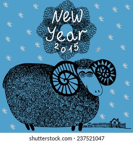 Hand drawn vector illustration with sheep. New year background. 
