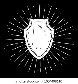 Hand drawn vector illustration with a Shield and divergent rays. Used for poster, banner, web, t-shirt print, bag print, badges, flyer, logo design and more. Cartoon Shield